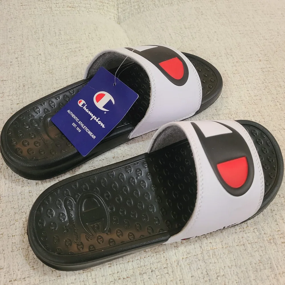 NEW Champion Little Boy Girls Slide Sandals Sz 4 Black White Lightweight Slip On